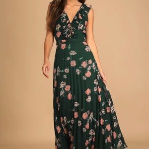 Loved by You, dark green floral pleated chiffon maxi dress